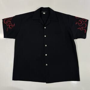 Vintage Johnny Suede Black Embroidered Flames Casino Button Down Shirt Mens Sz L